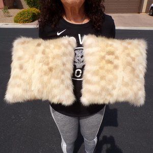 set of 2 - real MINK FUR throw pillow (cover only), ivory/beige checks, 12"x12"